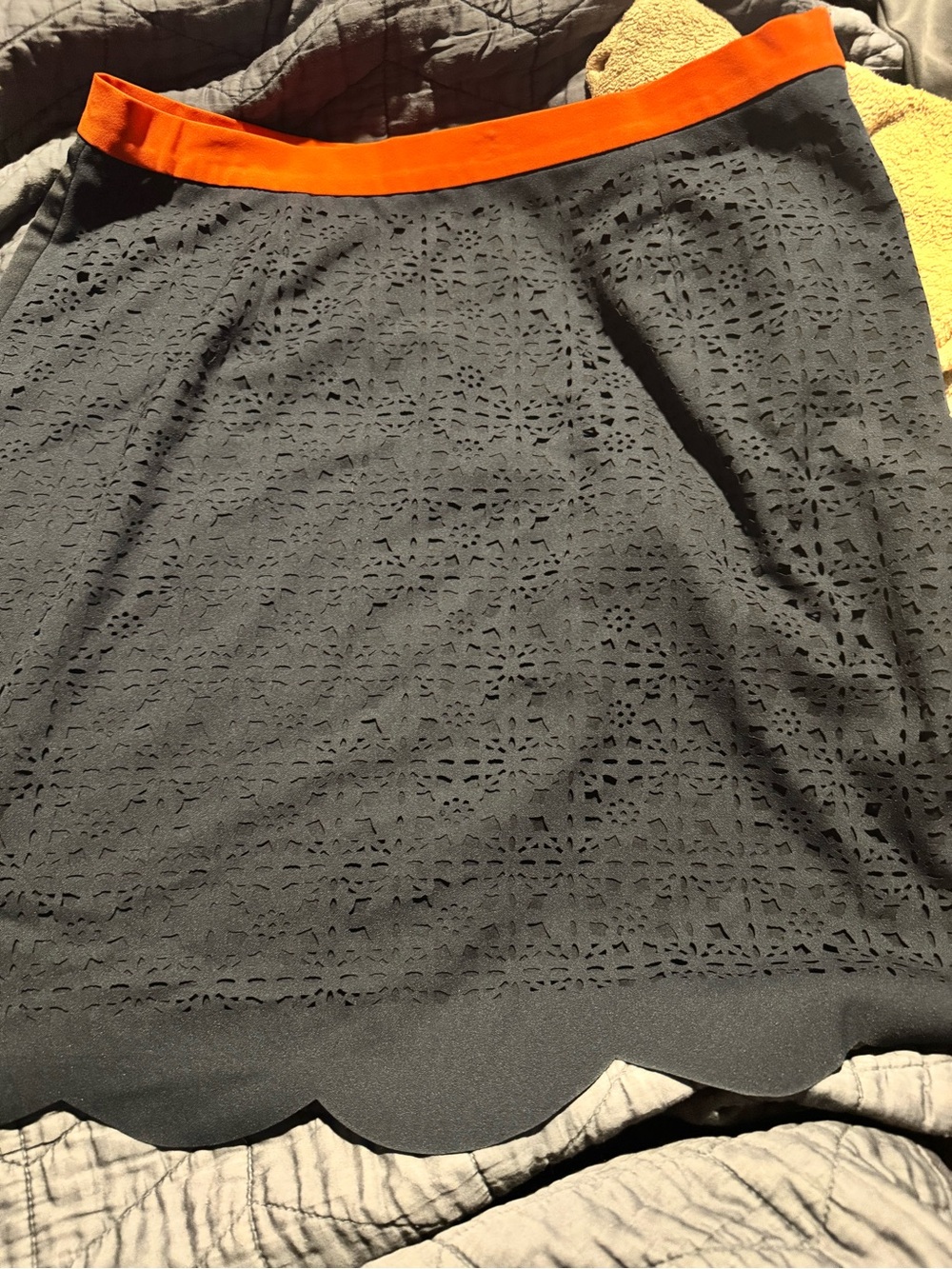 Pixley Navy Eyelet Skirt with Bright Orange Waistband